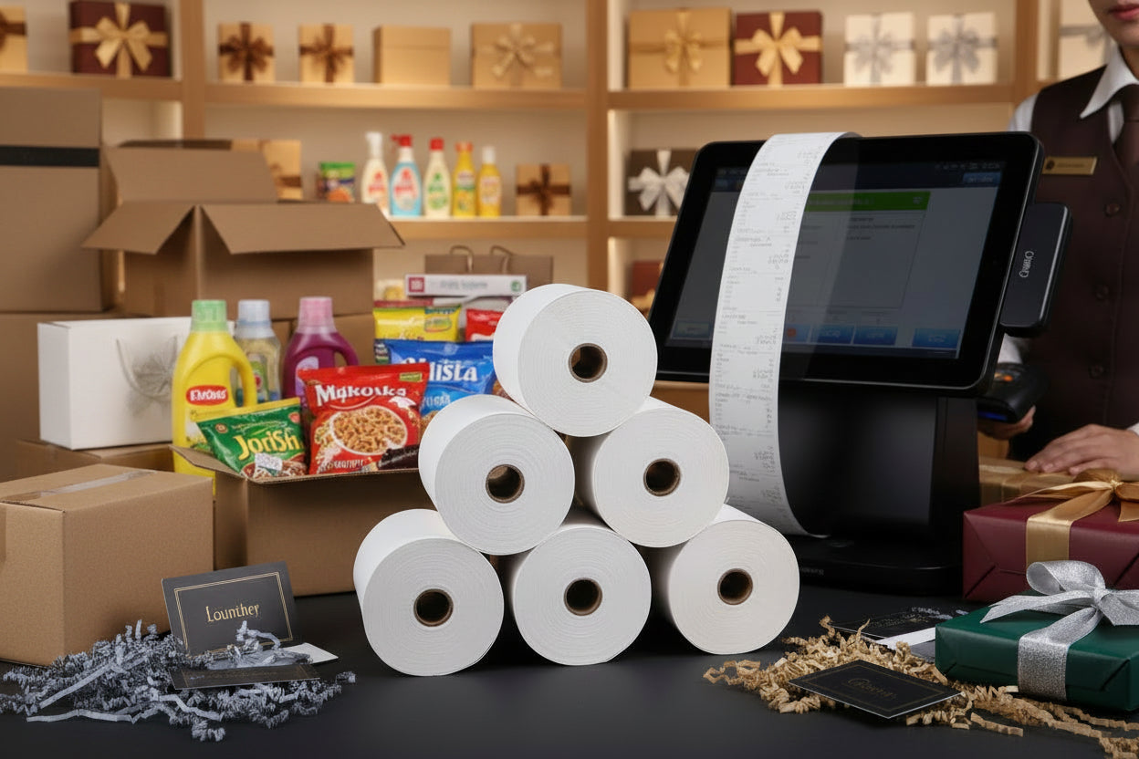 Stack of white rolls with black centers on a light gray background with cardboard boxes and a printer.