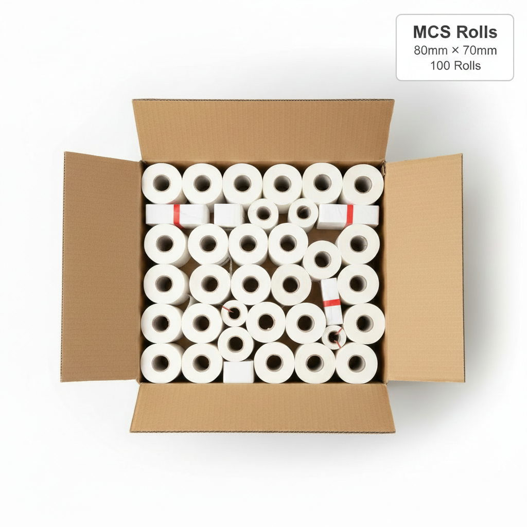 Cashier Rolls Bulk Carton (100 Rolls) – 80×70 mm POS Thermal Paper