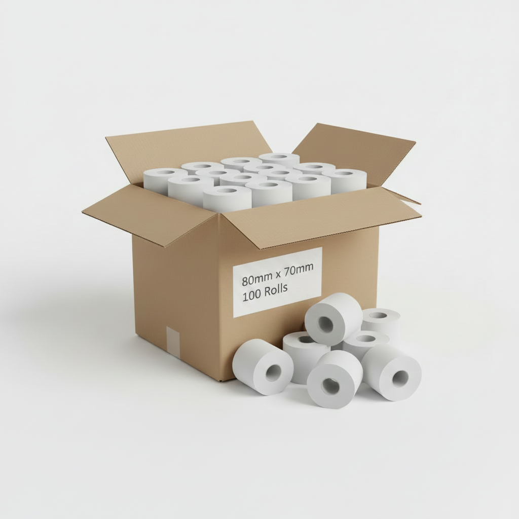 Cashier Rolls Bulk Carton (100 Rolls) – 80×70 mm POS Thermal Paper
